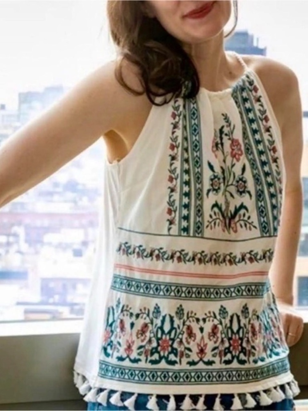 Skies Are Blue Embroidered Boho Tassel Halter Top - XL